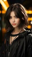 Beautiful asian teenager with short hair and black jacket. Generative AI photo