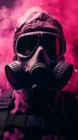 Cyberpunk character wearing gas mask with pink theme. Generative AI photo