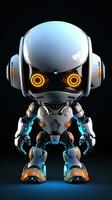 Cute futuristic small white robot with dark background. Generative AI photo