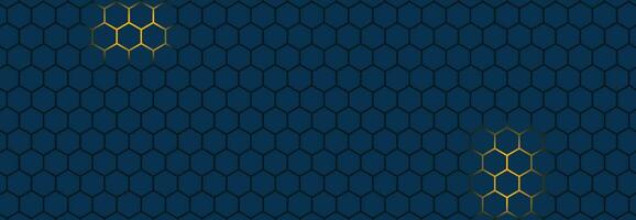 Blue Hexagon Abstract Technology Background with Yellow Colored Bright Flashes Under Hexagon. vector