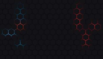 Dark Red and Blue Hexagon Abstract Technology Background with Red and Blue Colored Bright Flashes Under Hexagon. vector