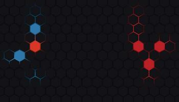 Dark Red and Blue Hexagon Abstract Technology Background with Red and Blue Colored Bright Flashes Under Hexagon. vector