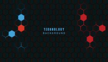 Dark red and blue hexagon abstract technology background with red and blue colored bright flashes under hexagon. vector