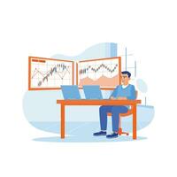 Young, successful trader working in front of the laptop computer in the office. Viewing company marketing growth candlestick charts. Stock Trading concept. trend modern vector flat illustration