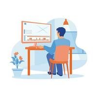 Male video editor sitting in front of the computer at night. Editing video using a computer in workspace. Video Editor concept. trend modern vector flat illustration