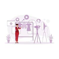 Selling by live streaming from the shop in front of the camera. Online e-commerce business at home. Blogger concept. trend modern vector flat illustration