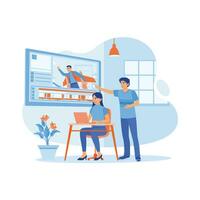 Man and woman working in creative loft office. They work on post-production on a film using a laptop computer. Video Editor concept. trend modern vector flat illustration