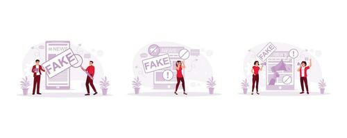 Analyze fake news. Expression of hearing false information from a cell phone. Holding a megaphone and conveying information. Fake News concept. set modern vector flat illustration