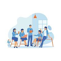 Various employees gathered together in the office. Discuss together and exchange ideas for new projects. Teamwork meeting concept.  trend modern vector flat illustration