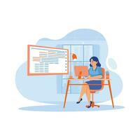 Creative young woman working from home at night. Write code to develop software on desktop computers. Software developers concept. trend modern vector flat illustration