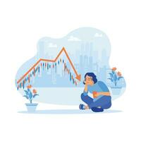 A businesswoman with a sad face is sitting on the floor holding a cell phone. Stressed looking at cell phones because of the declining stock exchange market graph. Stock Trading concept. vector