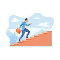 A young male businessman carrying a briefcase walks upstairs outdoors with confidence. Career Development Concept. trend modern vector flat illustration