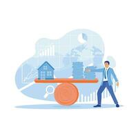 A businessman's hand points to a small house model and a pile of coins on a seesaw. Background graphics on the screen. House Model Balance Equilibrium concept. Trend Modern vector flat illustration