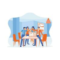 Businessmen and coworkers are standing and high-fiving at the meeting table. Celebrating success after finding a solution to a problem in the meeting room. Celebrating concept. vector