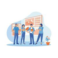 Business team standing inside the office. They discuss and brainstorm with each other in the business of mobile application software design projects. Teamwork meeting concept. vector
