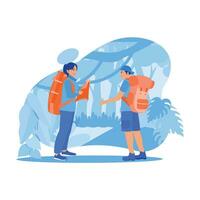 A couple of tourists with backpacks on their backs got lost in the forest. They looked at the map, tried to find their way, and prepared for the night. Tourist Guide concept. vector