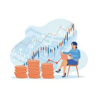Businesswoman sitting on a chair holding the laptop in office. Study the management of unstable business and financial strategies. Stock Trading concept. trend modern vector flat illustration