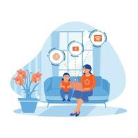 Young mother and daughter sitting on the living room sofa. They spend time together watching on a laptop. Virtual Relationships concept. trend modern vector flat illustration