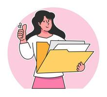 a Woman searches for data from a document folder vector