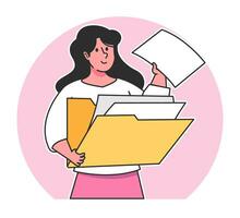 a Woman searches for data from a document folder vector