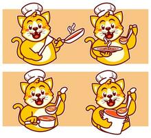 Cat chef brings delicious dishes vector