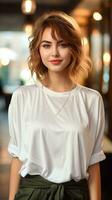 hermosa mujer vistiendo llanura blanco camiseta. generativo ai foto