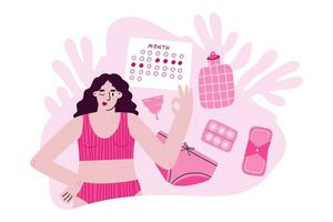 Calendar period of menstruation. Items needed during menstruation. PMS, calendar, woman in underwear. Vector illustration in flat style.