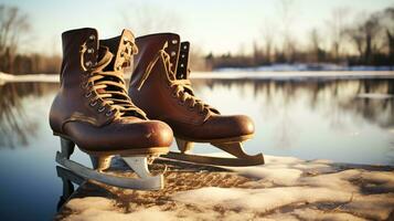 ai generative a pair of vintage, retro ice skates by a frozen lake in the snow photo