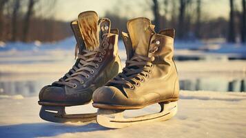 ai generative a pair of vintage, retro ice skates by a frozen lake in the snow photo