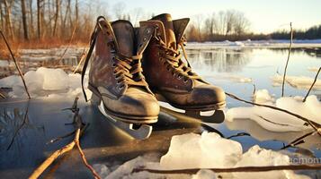ai generativo un par de antiguo, retro hielo patines por un congelado lago en el nieve foto