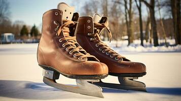 ai generativo un par de antiguo, retro hielo patines por un congelado lago en el nieve foto