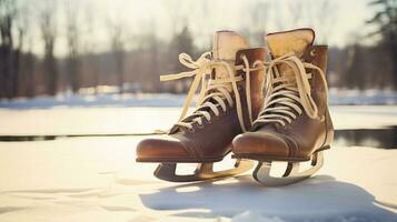 ai generativo un par de antiguo, retro hielo patines por un congelado lago en el nieve foto