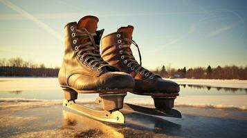 ai generativo un par de antiguo, retro hielo patines por un congelado lago en el nieve foto