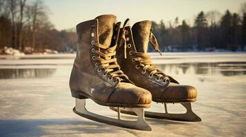 ai generativo un par de antiguo, retro hielo patines por un congelado lago en el nieve foto