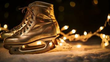 ai generativo un par de antiguo, retro hielo patines por un congelado lago en el nieve foto