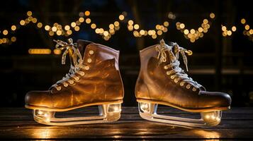 ai generativo un par de antiguo, retro hielo patines por un congelado lago en el nieve foto