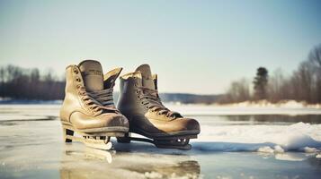 ai generativo un par de antiguo, retro hielo patines por un congelado lago en el nieve foto