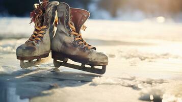 ai generativo un par de antiguo, retro hielo patines por un congelado lago en el nieve foto