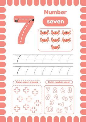Educational worksheet with handwriting practice for preschool kids. Trace number seven. Activity page, coloring crosses