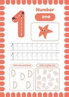 Kids activity pages. Learn numbers. Preschool worksheets. Number one. Coloring, tracing vector