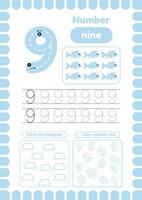 Count fishes. Activity page with handwriting practice for kids. Trace number nine. Learn numbers, color trapezes vector