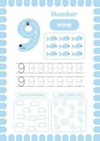 Count fishes. Activity page with handwriting practice for kids. Trace number nine. Learn numbers, color trapezes vector