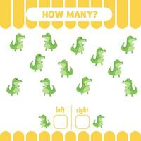 Worksheet for kids to learn left and right. Count game. How many alligators go to the left and to the right. Counting game for preschoolers vector