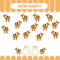 How many camels go to the left and to the right. Educational worksheet for kids to learn left and right. Count game. Counting game for preschoolers vector