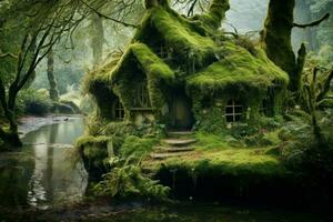 Charming Cottage nestled moss. Generate Ai photo