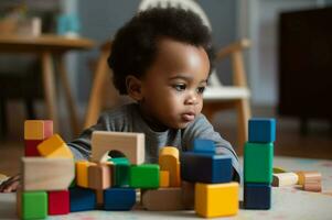 African baby playing with wooden colorful cubes. Generate ai photo