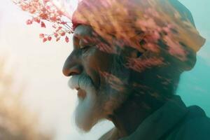 Elderly male in turban double exposure touched photo. Generate ai photo