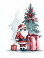 Santa claus with gift box and Christmas tree on white background. photo