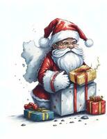 Santa claus with gift box and Christmas tree on white background. photo