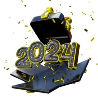3d nuovo anno 2024 sorpresa esplosione, realistico 3d pacco regalo esplosione con coriandoli per nuovo anno celebrazione png